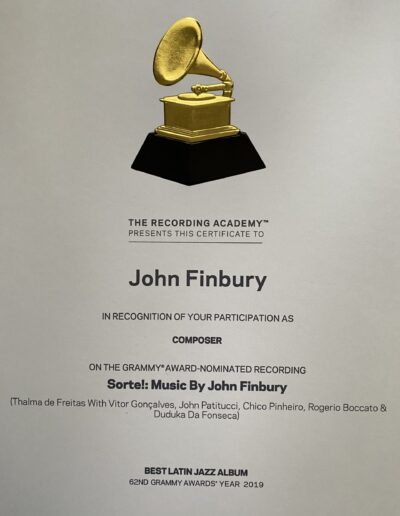 John Finbury 2020 Grammy Certificate Sorte Photo